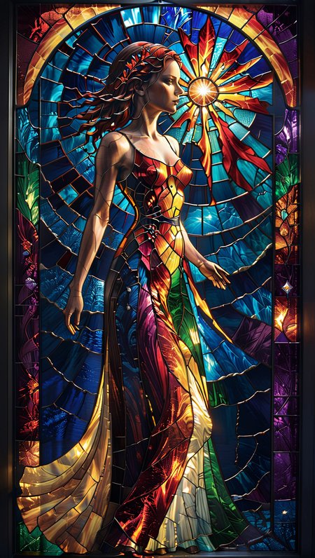 A stunning stained-glass artwork, the outline of a woman, dark background, <lora:TQ_-__Kids_Storybook_Illustrations_XL-000006:0.6> <lora:Transparent_Hologram_Woman_epoch-3-resized:1>