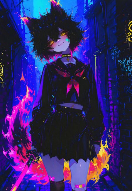safe_pos, score_9, score_8_up, score_7_up, (masterpiece, best quality, high quality, sharp lines, sharpness), very awa, model style, 1girl, model style, looking at viewer,
tomboy, cute, wolf girl,
BREAK (((short hair, messy hair, hair between eyes, bangs, black hair, two tone hair color, cyan colored inner hair))), animal ears, wolf ears, fiery tail,
(((solo, face focus))), (beautiful detailed face), Soft jawline, cute face, adorable, blush, pouting, eyeliner, eyelashes, fang, bullying, sinister, (((yellow eyes, detailed eyes, perfect eyes))), sexy lips, smug, smiling, sharp teeth, 
medium and teardrop shaped breasts, medium breasts, curvy waist, plump, 
BREAK (((school uniform, serafuku, black skirt, black shirt over hang, navel piercing, choker, neon band-aid on left knee, thighs, kneehighs, skindentation))),
BREAK (((standing, head tilt, holding one sword, katana,  dynamic pose, exotic pose, looking at viewer))),
volumetric lighting, glowing, raytracing, ambient occlusion, gradient color, luminescent background, outdoors, night, brick wall, graffiti, dim lighting, alley, high contrast, (((tasteful layout, detailed background))),
(((close-up, portrait)))