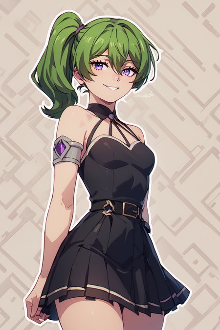 score_9, score_8_up, score_8, medium breasts, (curvy), cute, eyelashes,       BREAK, , <lora:UbelSousounofrieren:0.8>, zzUbel, medium hair, hair between eyes, green hair, side ponytail, purple eyes, black dress, ,, BREAK, smile, looking at viewer,  abstract background, white outline, cowboy shot, embedding:zPDXL, Expressiveh, <lora:CatalystStylePDXL:0.6>,  <lora:SDXLFaeTastic2400:0.5>,  <lora:Expressive_H-000001:0.4>,