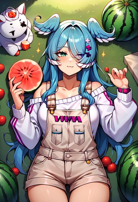 score_9, score_8_up, score_7_up, uncensored, source_anime, 1girl, <lora:speliraPendoraXLPony:1> elira1st, long sleeves, overalls, white sweater, off shoulder, single glove, one eye covered, overall shorts, melon, doily, food, fruit, melon