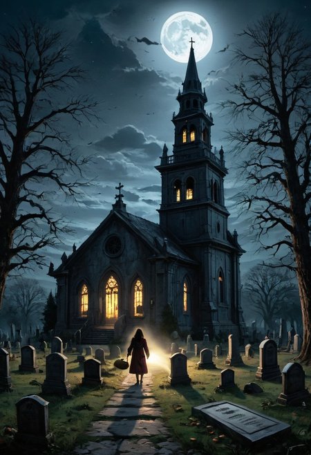 masterpiece, best quality,
digital artwork of creepy old church, 3 kids in Halloween costumes holding flash lights,
japanesehorrorclassics,
full moon, night, cosmic rays, haunted place, abandoned old church, graveyard, giant bell tower, wide shot, old trees, forest background, tombstones, scary, paranoia, feeling like someone is watching you, ruined, dirty, cemetery, fear, dread, 
(low angle:1.3), focus on old tower,
cinematic, horror, creepy atmosphere, intricate, detailed, rays of light,
