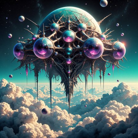 exotic and otherworldly scenery on a distant planet, at night, very aesthetic, extremely detailed, masterwork, golden ratio, famous artwork, fractal art, dramatic sky, this image shows the airborne "shiny soulmumbler", an ethereal and mysterious floater with enormous iridescent gas bladders, it navigates the clouds in the dense atmosphere of the tempestuous alien planet "helmsphere" with ethereal worblepluffing grace, perfect proportions, detailed expressive eyes, the color palette is predominantly anthrazit grey and aquamarine blue and ivory white and lavender and teal, dappled lighting, ovg, dndgr41nyb0yz, style, amanoer, <lora:style-dnd_grainyboyz-romulus-flux-by_kimwithdapuss:0.48> <lora:style-yoshitaka_amano-elden_ring-flux-by_alicient:0.4> <lora:style-retro_anime-flux-by_lizardman245:0.24> <lora:image_enhancer-flux-by_dever:0.6>