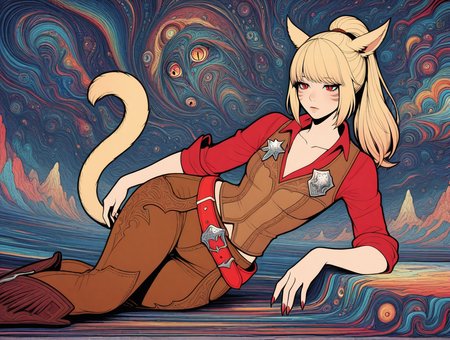 high quality, best quality, masterpiece, highres, very aesthetic, absurdres, <lora:NSFWFilter_illusXL_Incrs_v1:-.5>, solo focus, arm rest, dutch angle, 
Miqo'te \(Final Fantasy XIV\), cat ears, long hair, blonde hair, high ponytail, red eyes, slit pupils, half-closed eyes, whisker markings, sharp nails, cat tail, wide hips, small breasts, sheriff, cowboy hat, red shirt, collared shirt, collarbone, rolled up sleeves, brown vest, sheriff badge, red belt, brown chaps, cowboy boots
, <lora:Trippy_Reality_Illustrious:1>, trippy artwork, illustration, abstract, fine line art, flat colors
