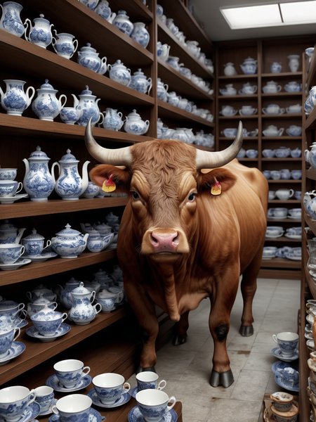 Hyperrealistic art just before the disaster, masterpiece, can-i-get a very big realistic bull, (very confused:1.1), inside a very (small and cramped:1.2) china porcelains shop, surrounded by shelves, (blurry shelves in the foreground:1.5), full of cups and china pieces, (no room to move:1.3),
 <lora:add-detail-xl:0.6> misc, <lora:detailed_notrigger:1> . Extremely high-resolution details, photographic, realism pushed to extreme, fine texture, incredibly lifelike