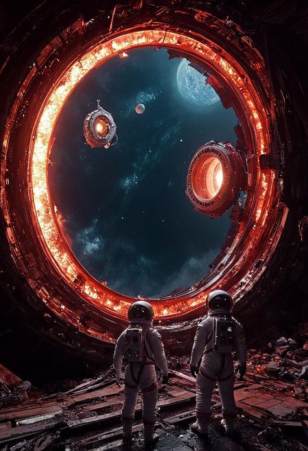 beautiful  landscape, 64k, UHD, ((masterpiece, ultimate quality)), sharp focus, beautiful scenery, highres, highly detailed, photo, realistic, photorealistic, Two astronauts in spacesuits float in dark space inside a massive, dilapidated structure that looks like a giant ring or mechanism. At the center of this structure is a brightly glowing source of red light, surrounded by metal structures and debris. The atmosphere is disturbing and gloomy, with a sense of abandonment and danger coming from a destroyed space object