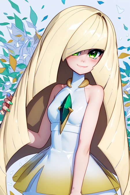 score_9, score_8_up, score_8, medium breasts, (curvy), cute, eyelashes,       ,,, , ,,, zzLusamine, green eyes, hair over one eye, blonde hair, long hair, very long hair, white dress, sleeveless dress, bare arms, bare shoulders, diamond (shape), green gemstone,  <lora:Lusamine_Pokemon_PDXL:1.0>,  ,,,, BREAK, smile, closed mouth, looking at viewer, cowboy shot,  ,,, embedding:zPDXL, Expressiveh, ,,, <lora:MantisStyle_PDXL_v2:0.8>, <lora:SDXLFaeTastic2400:0.5>, <lora:Expressive_H-000001:0.4>,