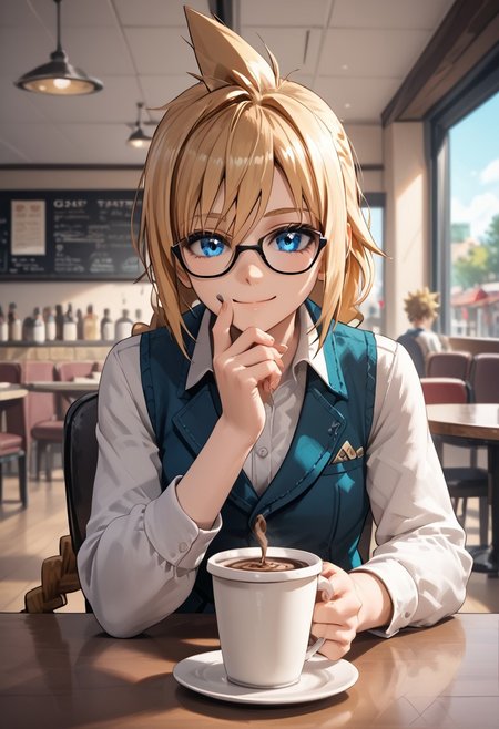 score_4,score_5,score_6,score_7_up,score_8_up,score_9 ((masterpiece,best quality,ultra detailed,highres,HD,4k:1.2)), 
blonde hair,long hair,braided ponytail,spiked hair,single braids,blue eyes,glasses,
indoor, cafe, sitting,((pov date, across table pov, across table)), Coffee on the table,hand, right_hand,right_hand touching face, left_hand, left_hand on table, left_hand placed horizontal, shy,smile,