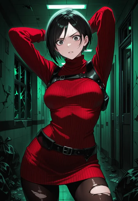 masterpiece, best quality, 1girl, solo, black hair, short hair, medium breasts, , horror \(theme\), indoors, hallway, dark, shadow, cracked wall, tiles, night, window, broken glass, green light, green theme, arms behind head, cowboy shot, black eyes, adasweater, red sweater, turtleneck, harness, black belt, pantyhose, ceiling light, (trash bag), pile of trash, trash, (torn clothes:1.3), torn pantyhose, looking at viewer, serious, sweatdrop, v-shaped eyebrows, parted lips, wide-eyed