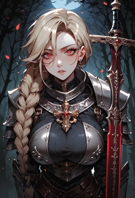 score_9, score_8_up, score_7_up, expressive, 1girl, warriror, knight, holy knight, long braided hair, blonde hair, red eyes, perfect eyes, black highlights in hair, beautiful, perfect body, armor, armor plating, engraved armor, greatsword, long sword, book hanging off of hip, curvy, exploring a dark forest, on high alert, night, at night, dark forest, dark, foggy, twig idols hanging from trees, symbols carved into trees, ominous, eerie, 