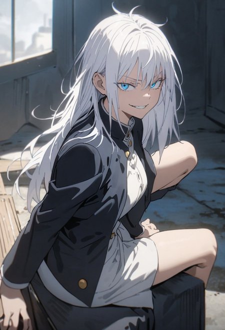 masterpiece, best quality, absurdres, cinematic, dynamic, solo,1girl, gojou satoru, jacket, gakuran, blue eyes, white hair, long hair, smirk, grin, sitting, looking at viewer,