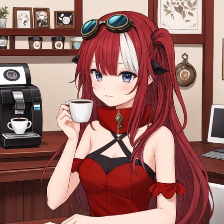 saya, red crimson hair, small breasts, white bangs, dragon girl, goggles, bare shoulders, gradient eyes, virtual youtuber, anime drawing, solo, 
cup of coffee, formal attire, indoors, printer, 
<lora:SAYA-XL-t1-000004:0.6>