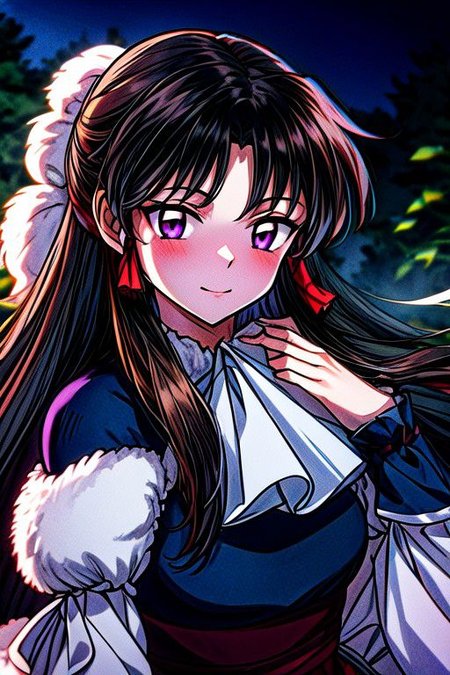 masterpiece,  best quality 1girl Setsun4 solo long hair,  (night time) forest background black hair very long hair purple eyes multicolored hair armor (fur trim) (medium body),<lora:EMS-179-EMS:0.800000>,<lora:EMS-293862-EMS:0.800000> bow, hair_bow, hair_tubes, red_bow, brown_hair, long_hair, bangs, sidelocks, ascot, brown_eyes, frilled_bow, yellow_ascot, blush, smile, hair_between_eyes