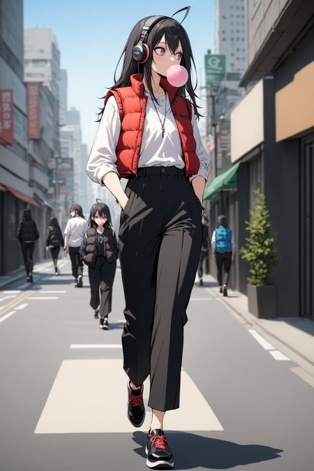 masterpiece, best quality, absurdres, 1girl, solo, full body, magazine_cover, yonagi kei, aged up, looking to the side, (hands in cloth pockets:1.1), chewing gum, flat chest, crew neck loose shirt, loose black pants, shoes, cropped_puffer_vest, open vest, day, cityscape, perspective, headphones, ahoge, gradient eyes, walking, street, blurry background, <lora:cropped_puffer_vest_v2:0.6>, <lora:Act-Age-anxl31:0.6>,