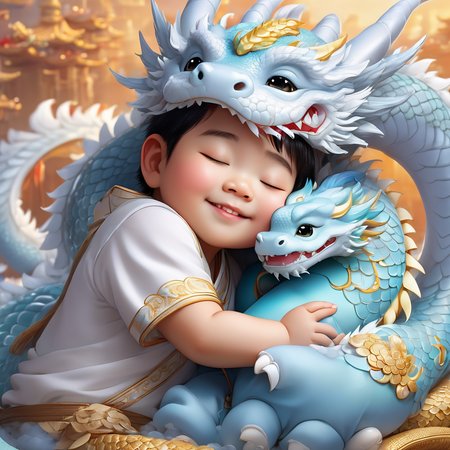 Portrait of a cute small baby hugging an adorable white fat chubby chinese dragon, sleeping on the cloud, big smile, morning, illustration, Disney animation, 4k, 8k, cuteness, very happy, Miki Asai Macro photography, close-up, hyper detailed, trending on artstation, sharp focus, studio photo, intricate details, highly detailed, by greg rutkowski, Miki Asai Macro photography, close-up, hyper detailed, trending on artstation, sharp focus, studio photo, intricate details, highly detailed, by greg rutkowski