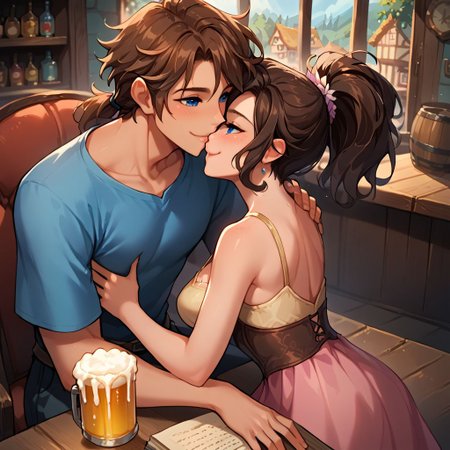 score_9, score_8_up, score_8_up, 1girl, sexy 20yo white caucasian girl, happy, smiling, friendly, girl standing, (((fantasy adventurer))),  (brown hair), ponytail, bangs, sidelocks, short hair, freckles, blue eyes(medium breasts;1.3)  narrow source comic book, pastel colors, high res image, masterpiece, fantasy town, sitting in a pub, listening intently, flirting, elbows on table, pushing hair out of face, 1man, dark hair man, interracial, sitting together, corner booth, private, couple, ((man face out of frame)) , from above angle, beer on table, man arm wrapped around woman, embrace, cozy, man leaning back, kiss from behind,