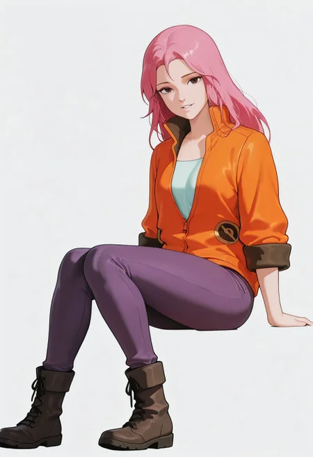 masterpiece,best quality,amazing quality,<lora:aisha_robotech_ilxl:1> aishagcm, 1girl,  full body, simple background, white background, long hair, pants, standing, boots, arms at sides,    orange jacket, shirt, sitting, invisible chair, purple pants,looking at viewer, parted lips, light smile