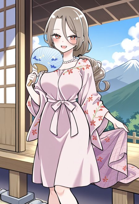 1girl, solo, shino sakisaki, mom, long hair, brown hair, hair between eyes, brown eyes, gradient eyes, red eyes, looking at viewer, low ponytail,
wrap dress with floral applique, layered pearl necklace, wedge sandals, medium shot, holding paper fan halfway open, standing on open veranda, view of distant mountains, summer haze, wind brushing fabric, wooden beams and sliding doors,
 <lora:Character_Shino Sakisaki Mom:1>