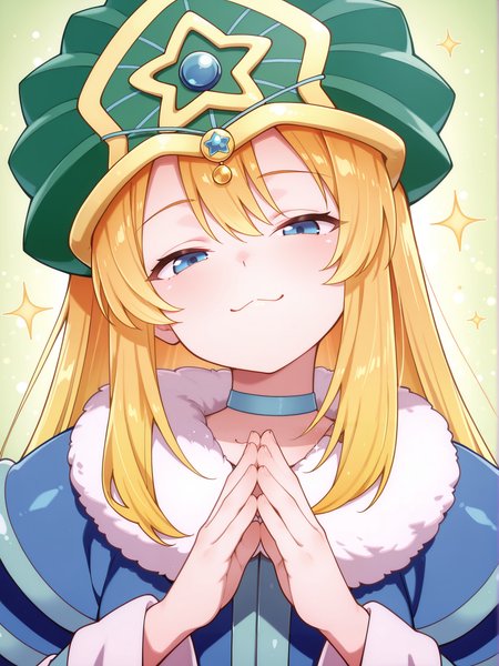 official alternate costume,doriado,1girl,solo,blue choker,upper body,looking at viewer,sparkle,closed mouth,green background,green wizard hat,blue rope,fur trim,smug,:3,head tilt,clasped hands pose,
masterpiece,best quality,amazing quality,very aesthetic,absurdres,newest,<lora:Doriado 4 in 1 illusXL v1.1:0.7>,