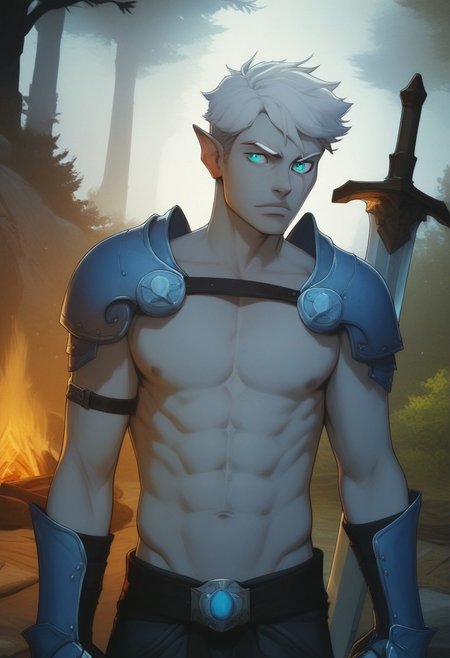 score_9, score_8_up, score_8, score_7_up, male, standing, 25 years old, mischievous, handsome, flirty, dominant, narrow mouth, (half_elf:0.5), dark elf, (((grey skin))), (((short white hair))), short cut sides, ((white eyebrows)), grey ears, pointed_ears:0.5, (pointed human ears), split eyebrow, eyebrow scar on left side of face, ((detailed turquoise eyes)), 1boy, solo, sexy, athletic, abs:0.5, (shirtless, chest strap), shoulder armor, gauntlets, (sword-over-shoulder, weapon over shoulder, crossguard hilt), vox machina style, solo, at night, warlock, fantasy, forest background, (dynamic lighting:1.1), campfire
((masterpiece)),