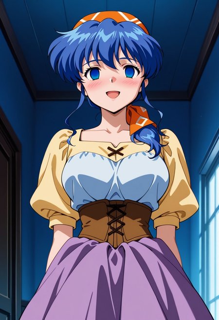 score_9, score_8_up, score_7_up, ASCII score_9, source_anime, 8K,best quality, hyper detailed,masterpiece, UHD,illustration,1990s (style), luna noa, 1girl, solo, blue eyes, blue hair, bandana, empty eyes, breasts, mind control, open mouth, corset, blush, smile, large breasts, dress