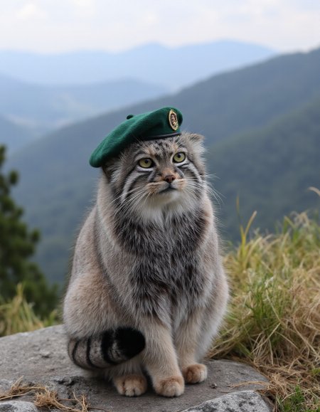 a pallas cat sitting on a mountainous hill, wearing a dark green beret with an insignia on it<lora:Outfit_morse-ModernBritRMCUniform-FLUX:0.8> <lora:Animal_soph-PallasCat-FLUX:1>
