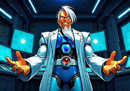 masterpiece,best quality,amazing quality, GENHERAC, FMIXFT, radiant details, sshdw, 1boy, male focus, old, old man, solo, white hair, sideswept hair, ((sideswept beard)), brown eyes, muscular, android, body armor, mega man x, white lab coat, evil grin, wide eyed, tsurime, hands up, open hands, hands at sides, looking at viewer, indoors, dark room, command center, glowing monitors, from below