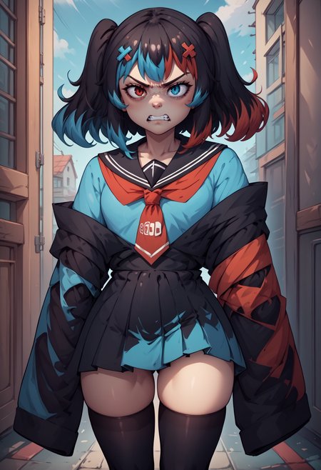 score_9, score_8_up, score_7_up, score_6_up, score_5_up, score_4_up, rating_questionable, BREAK, slouching, <lora:SwitchchanXLPD:.95> Switchchan, heterochromia, sailor collar, sleeves past wrists, sleeves past fingers, school uniform, shirt, serafuku, black thighhighs, angry <lora:mfcgXL:.5>