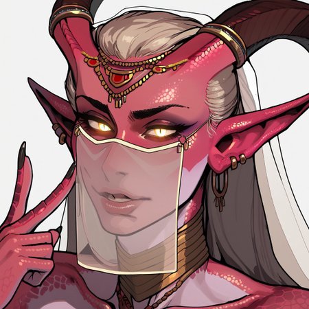 score_9, score_8_up, score_7_up, score_6_up, source_cartoon, black outlines, 1girl, portrait face, (close up:1.5), white background, simple background, cobra, scales, scaly skin, white veil, mouth veil, transparent fabric, tribal jewelry, gold jewelry, horns, piercings, pale skin, pink skin, white glowing eyes, forward pointing horns, earless