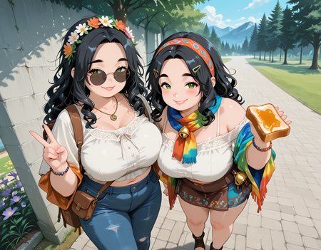 IllusP0s, PonyScores7, source_anime, ah1, IllustriousQual, interesting, exciting, spectacular, wonderful, amazing quality, absolutely eye-catching, very awa,
BREAK <lora:xl_more_art-full_v1:0.2>, <lora:aesthetic_anime_v1s:0.2>, <lora:detailxl:0.2>, detailxl, amazing quality, best aesthetic, absurdres, illustration, Volumetric_Lighting, ultra-detailed, very aesthetic, intricate details, best_quality, lazympos, <lora:Add_Details_v1.2:0.4>, <lora:quality_modifiers_masterpieces_v1:0.2>, anime style, <lora:HDA_Detailer:0.3>, <lora:natsumi_style:0.2>, <lora:by_usakun-pony:0.2>, by usakun, <lora:Akina_Bbw_Style_-_PonyXL:0.2>, AkinBw,
BREAK ((((1boy, 1girl), a good looking couple, (flirting:1.3), a woman leans in during a toast, her smile enveloped with warmth as she playfully whispers an inside joke, creating a shared moment that feels exciting and intimate between them))), dynamic pose,
BREAK 1girl, mature female, (curvy), round-chin, caucasian, <lora:ETO_OC_Illustrius:0.5>, eto_oc, skindentation, (plump), thick thighs, wide hips, busty, voluptuous, round ass, {gigantic breasts|large breasts}, <lora:plussizegirls_IL:0.3>, <lora:plussizegirls_pony:0.3>, <lora:shinyskin2:0.2>, glistening skin, HDA_FatGirlXL, <lora:perfection style:0.2>, perfection style, perfection, 
BREAK (({free-spirited|bohemian|groovy|laid-back|peace-loving|earthy|natural|vibrant|artistic|unconventional} hippie, carrying a {handmade woven bag|fringed handbag|embroidered backpack}, holding a {guitar|tambourine}, round sunglasses, {tie-dye scarf|handmade wrap}, {wooden|beaded|macrame} bracelets, peace sign {pendant|necklace}, {headband with flowers|peace sign hair clip|feathered headband|beaded headband|flower crown|bandana|peace sign headband}, {peasant blouse|{embroidered|flowy} tunic|tie-dye t-shirt|crop top|{fringed|off-shoulder|bell-sleeve} top|{cotton|linen|hemp} blouse|colorful poncho|{vintage|patchwork} jacket}, {{flare|bell-bottom} jeans|{flowy|wrap} skirt|{cropped|wide-leg|fringed|patchwork} pants|{denim|patchwork} shorts|{patterned|tiered} maxi skirt}, {sandals|flip-flops|ankle boots|barefoot|moccasins|{platform|woven|beaded} sandals|{leather|suede|fabric} flats|{fringed|embroidered} boots})),
BREAK (curly hair), long hair, (black hair:1.4), (parted hair:1.7), messy hair, kinky curls, detailed hair, <lora:hairdetailpxl:0.2>, hairdetailpxl,
BREAK (half green and brown eyes), (colorful eyes), (multicolored eyes), (downturned eyes:1.4), expressive eyes, perfect eyes, eyes hd, detailed eyes, (round face:1.2), (thick eyebrows:1.3), (plump face), lips, <lora:Round_face:0.2>, iris lines, <lora:Detailed eyes-Illustrious:0.3>, iris and pupil, soft shimmer on the iris,
BREAK (((expression teary eyes by the wall expression))), Expressive, emotional, looking at viewer, Face Detailed, <lora:Expressive_H:0.2>, Expressiveh, <lora:Emotional_Anime_Expressions_PonyXL_Concept:0.2>, <lora:Best_Facial_Expression_LoRA_PONY:0.2>, looking at viewer, <lora:Detailed expressive EXEV style -XL Pony V1.0:0.2>, FaceDetail, <lora:Best_Facial_Expression_Helper_XTREME_ILLU:0.4>, kaogei,
BREAK (((In a park with Banff National Park in the background))), (((manga cover))), 4k, 8k, Ultra HD, Masterpiece, Best quality, Detailed background, foreshortening, extreme perspective, full_details, <lora:AddMicroDetails_Illustrious_v4:0.3>, addmicrodetails,