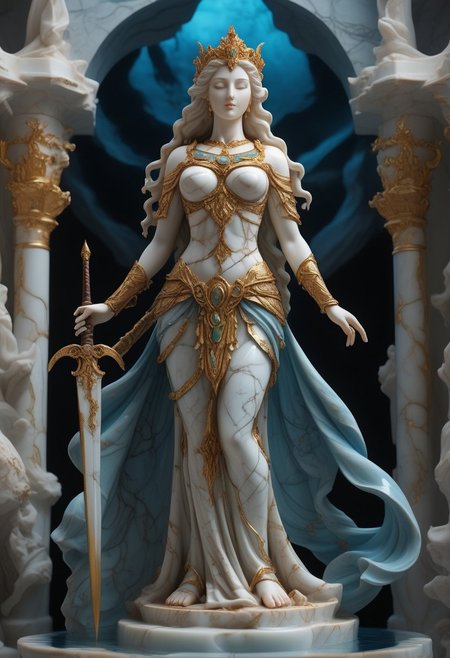 liquid marble statue of a goddess, she is slim and curvy, she wears detailed armor, her eyes blaze with fiery passion, she cries tears of blood, she holds a sword in one hand and a dove in the other hand, ultra detailed, highly detailed, intricate, enchanted grotto sceny, high quality, masterpiece