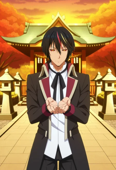 masterpiece, best quality, , anime screencap, anime coloring, official style,, 1boy, solo, male focus, <lora:diablo_tensura_ilxl:1>, diablo_tensura, black hair, yellow eyes, multicolored hair, streaked hair, red hair, hair between eyes, colored sclera, black jacket, black ribbon, white shirt, black pants, autumn shrine, maple trees, stone lanterns, leaf-covered path, offering pose, respectful expression, sunset,