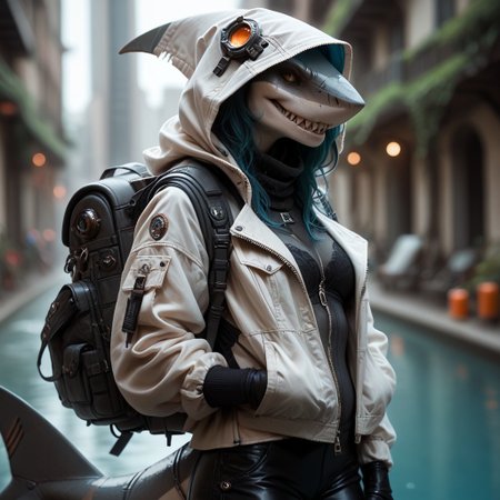 score_9, score_8_up, score_7_up, score_6_up, score_5_up, score_4_up, source_photo, source_real, source_furry, 1girl, solo, (anthro shark female:1.6), techwear, shark fangs, big grin, evil, solo, gloves, long_sleeves, standing, jacket, pants, hood, bag, blurry, no_humans, blurry_background, backpack, helmet, robot, mecha, 1other, zipper, science_fiction, realistic,