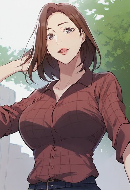 source_anime, score_9, score_8_up, score_7_up, 1girl, mature_female, large_breasts, open eyes, portrait, solo, Standing with arms behind the head, perspective, (Burgundy Flannel Shirt), Chestnut Brown hair, face, rating_safe, <lora:pony\artist_styles\minachan_pony:0.9>