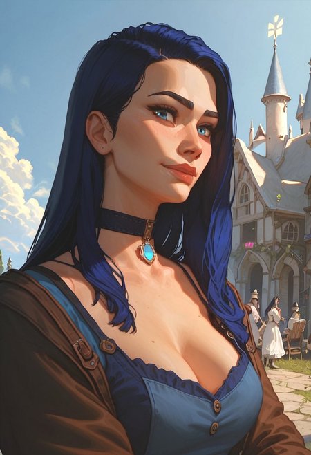 score_9, score_8_up, score_7_up, score_6_up, score_9, score_8_up, read description, Expressiveh ,g0thicPXL, glowing,
medieval castle in background, day time, detailed  backgrounds,market ,stone castle,blue sky,((clear sky:1.2)),towns,big clouds,
(19 year old girl),close up face ,masterpiece,best quality,amazing quality, upper body, portrait, looking at viewer,1girl, petite body, grossy skin,smiling,seductive pose, 
ALCaitlyn, 1girl, blue hair, long hair,long hair,wide hips , choker, blushing,easynegative,jeans pants,blue shirt collar,black big eyes,cleavage,
studio facial lighting:1.2,professional lighting, high quality,concept art,warm tone,((volumetric lighting)), professional lighting, perfect quality, high quality, Cuti3C0mics