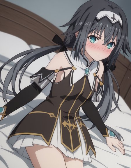 score_9, score_8_up, score_7_up, source_anime,
nibelcole,  <lora:nibelcole-s4s5-ponyxl-lora-nochekaiser:1>,
nibelcole, long hair, blue eyes, black hair, hair between eyes, twintails, very long hair, hairband, low twintails, white hairband,
skirt, detached sleeves, sleeveless, white skirt, black sleeves,
indoors, bed, bed room, on side, blush, drunk,
looking at viewer, solo, cowboy shot, dutch angle,