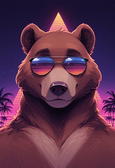 in the style of ck-rw, portrait of 1boy male furry anthro grizzly bear wearing fancy sunglasses, seducive, palm trees, triangle, sundown, stary night, masterpiece,best quality,amazing quality, angled view