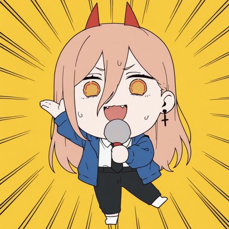 absurdres, high quality, masterpiece, anime screencap, anime screenshot,
 1girl, solo, Power (Chainsaw Man),sharp teethsymbol-shaped pupils,cross-shaped pupils,blue jacket,collared shirt,black necktie,black pants,Hash,
smile, open mouth, simple background, holding, :d, sweat, sweatdrop, yellow background, arm up, pose, empty eyes, microphone,black ice cream, full body, chibi, standing on one leg, flat shading, flat colors,  sunburst background,red and yellow background,emphasis lines