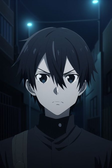 high resolution, professional photography, best quality, 1Boy, Kazuto Kirigaya, Black Hair, Black Eyes, potrait, midnight, big city, dim street lights, dirty, cold, tense, mysterious, sharp eyes, merciless, threatening, weapon, aiming the weapon at the viewer,