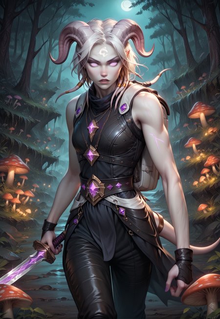 (absurdres, best quality, masterpiece:1.4), score_9, score_8_up, score_7_up, score_6_up, detailed, detailed body, detailed face, 

(culDraenei, female, purple eyes, no sclera, no pupils, athletic, tall, slim, pale skin, grey skin, long tail, long ears),

(((black leather armour, black trim, sleeveless, white padded leather trousers, white backpack))), 

holding sword, dynamic pose, combat pose, 

giant mushroom forest, night, nighttime, evening, close up, 