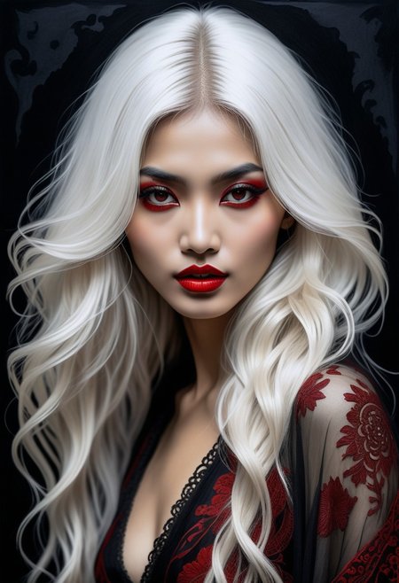 Silhouette Art, breathtaking detailed, masterpiece, awe-inspiring, radiant, magnificent, ink on rice paper, charcoal, henna and carmine, dark background, portrait of stunning oriental female vampire, long white hair, bangs, lips parted, showing slightly bared fangs, seductive, sultry, lustful, red eyes, red lips, erotic, nsfw