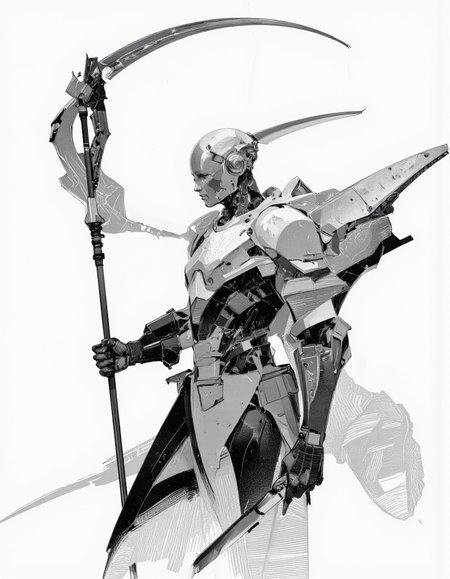 Art by Richard Anderson. A black and white, monochrome digital illustration shoot from a low angle, featuring a stylized, abstract representation of a futuristic, robotic figure in a dynamic pose. the figure is positioned in the middle of the image, wearing a sleek, metallic suit with a futuristic design, consisting of a helmet and armor, and holding a spear in one hand and a knife in the other. the suit is made up of various textures and patterns, giving it a sleek and modern look. the character is wearing a mask and has a robotic arm with a long, curved blade, which is visible on the back of the suit. the background is plain white, allowing the focus to be on the figure's dynamic pose and the intricate details of the armor and the weapon. the overall style of the illustration is reminiscent of modern sci-fi art, with bold lines and shading that give it a high-tech feel.