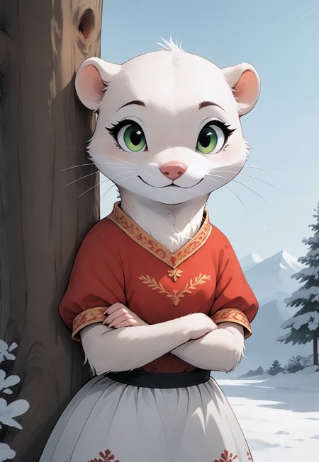 score_9, score_8_up, score_7_up, score_6_up, score_5_up, score_4_up, (((mustelid))), (white fur:2), (feral:1.1), green eyes, colorful dress, against tree, snow, winter, front view, (tail), pink nose, looking at viewer, crossed arms, tongue out, upper body shot, head focus,
