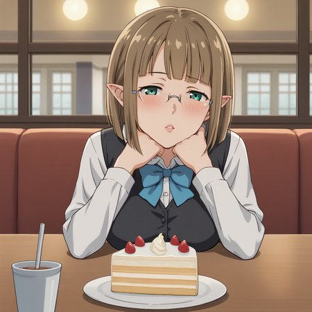 score_9, score_8_up, score_7_up, source_anime, BREAK <lora:Eina Tulle - Danmachi V2-000009:1> Eina Tulle, 1girl, glasses, solo, pov dating, pov across table, elbows on table, full-face blush, half-closed eyes, parted lips, hands on own chin, straight-on, cafe, looking at viewer, vest, bow, shirt, indoors, long sleeves, bowtie, white shirt, black vest, blue bow, rimless eyewear, bob cut, large breasts, breast rest, lips, cake slice,