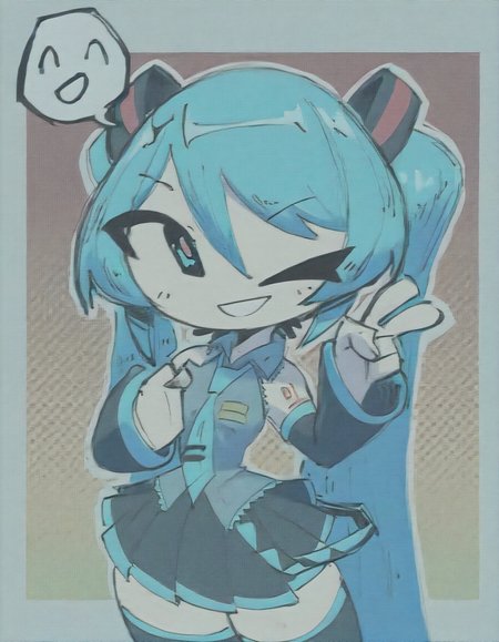 (StyleBirdBlitz),(masterpiece, best quality, absurdres),
1girl, solo, standing, (hatsune miku:1.2), smiling, thick thighs, upper body, (cowboy shot), v, cyan background, (white frame:1.1), (polka dots, halftone, halftone background, gradient background), flat color, saturated color, white outline, dutch angle, (no nose), (emoticon bubble), one closed eye