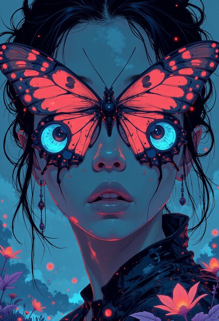 high quality, ultra detailed, colorful, fantasy, bo-neon, a highly detailed, hyper-realistic digital artwork featuring a close-up of a woman's face and upper body, the woman has pale skin and dark, wavy hair that cascades around her face, her eyes are partially obscured by a large, vividly colored butterfly, which is predominantly red with blue and black accents, its wings are intricately detailed, with a glossy texture and intricate patterns, the butterfly's body is adorned with small, sparkling droplets that add a surreal, almost ethereal quality, the background is a blend of blue and purple hues, creating a dreamy, otherworldly atmosphere, surrounding the woman are various, glowing elements that resemble plants and flowers, adding to the surreal and otherworldly feel of the artwork, the overall color palette is dominated by blues, purples, and reds, enhancing the ethereal and dreamlike quality of the scene, the artwork is rich in texture and depth, with meticulous attention to lighting and creating a visually striking and immersive experience<lora:Ethereal_Brush_Anime_v1.0.safetensors:0.6:0.6> <lora:It's a LoRA for portraits, BUT! actually specialized in backgrounds. v1.0.safetensors:0.12:0.12> <lora:boFLUX Abyss Neon.safetensors:0.6:0.6> <lora:Blue_Future.safetensors:0.9:0.9>