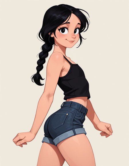 1boy,
no lineart, F1R3z,
solo, 
trap, black hair, low braid,
walking, shy, smile, looking at viewer, from side,
jeans shorts,
cowboy shot,
masterpiece <lora:AshFondue_Illustrious_v8:0.4> <lora:FiRez:0.9>