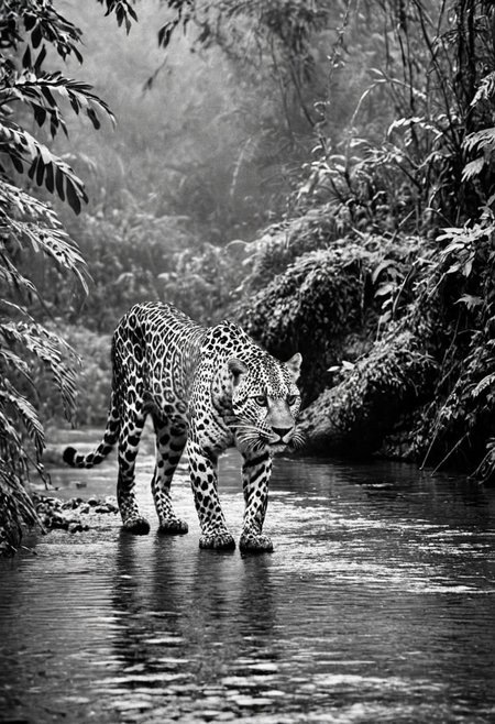 a (black and white:1.5) photo of a leopard, in the jungle, drinking at the at the edge of a river, at dusk, dense jungle forest, dramatic lights, shallow depth of field, blurred background, extreme details, intricate details, 8k, 35mm photo, photorealism, realistic photo, national geographic style, masterpiece, film photography style