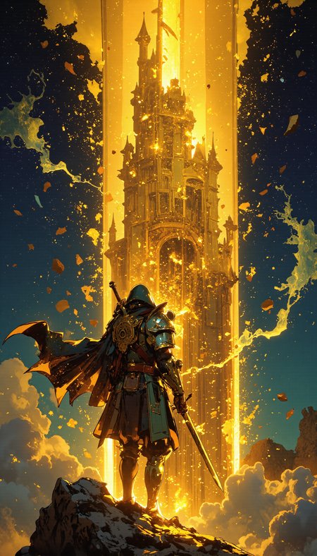 A divine guardian, clad in radiant armor etched with celestial runes, steps through a rift in time, their form half-submerged in golden, liquid light. Behind them, the shattered fragments of past and future civilizations hover in midair, suspended in a vortex of glowing cosmic energy. Their sword, a blade forged from pure stardust, hums with an ancient resonance, shifting between physical and ethereal forms. The guardian’s flowing cape is woven from strands of the universe itself, shimmering with constellations and celestial patterns. The scene is mythical and transcendent, with glowing golds, deep blues, and radiant purples creating a divine, otherworldly presence. Celestial fantasy, cinematic ultra-detail, ethereal glow, volumetric lighting, intricate textures, legendary scale, high contrast, divine energy