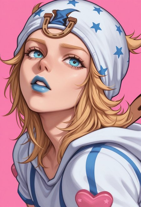 anime, rough sketch, sketchy lineart, black lineart, pencil drawing, sharp edges, masterpiece, best quality, detailed background, 8k, 1boy, man, solo, Johnny Joestar, blonde hair, long hair, blue eyes, beanie, white hat, stars on hat, blue lipstick, white shirt, looking up at viewer, parted lips, half body, face focus, close up, face focus, turning to viewer, looking at viewer, dynamic pose, pink background, white background