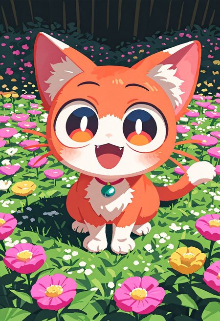 masterpiece, best quality, simple illustration, 1cat, full body, top view, huge eyes, looking to the top, in a flower garden vivid colors,  tail ,happy, no_outlines,no lineart, t4kar4i_illu,